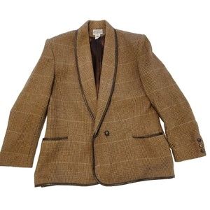 Vtg Womens Blazer Glen Check Plaid Brown Leather Trim The Villager Sz 12 Wool